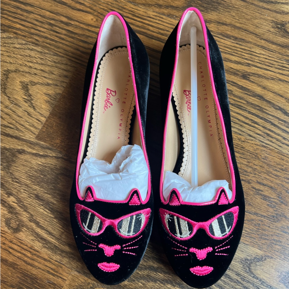 NWT CHARLOTTE OLYMPIA x BARBIE NIB Black Velvet & Pink KITTY Ballet Flats 37